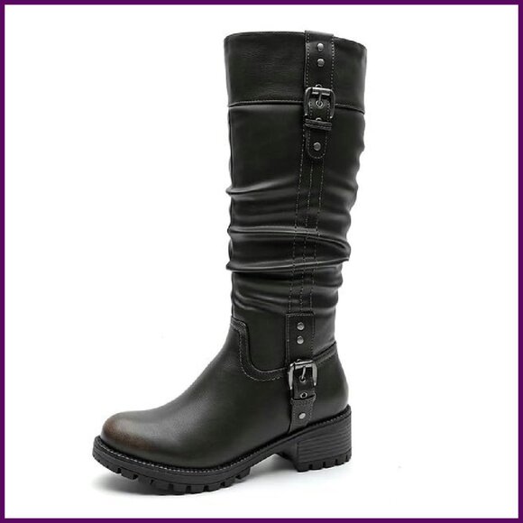 Women's Knee-High Boots Chunky Heel Slouchy Design Buckle Detail Vegan